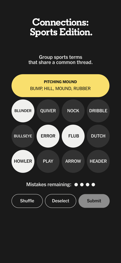 Connections Sports Edition word puzzle game screen in The Athletic app