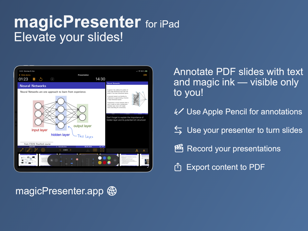 magicPresenter - Gráfico mostrando magicPresenter para iPad com recursos para anotar slides em PDF usando Apple Pencil e gravar apresentações.