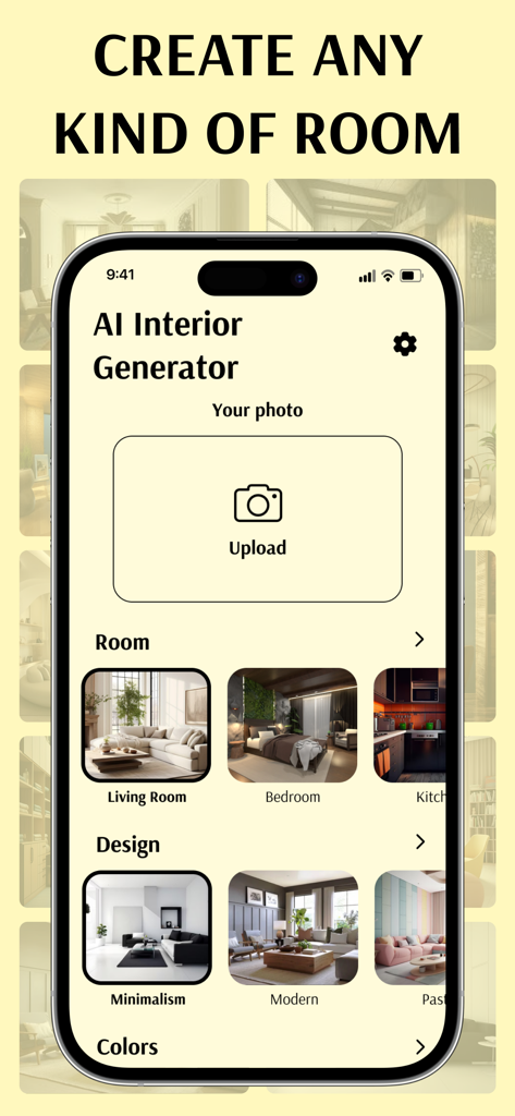 Screenshot der KI-Innenarchitektur-App auf einem iPhone, der Optionen zum Hochladen von Fotos und zur Auswahl von Raumtypen wie Wohnzimmer oder Schlafzimmer sowie Stilen wie Minimalismus und Modern zeigt