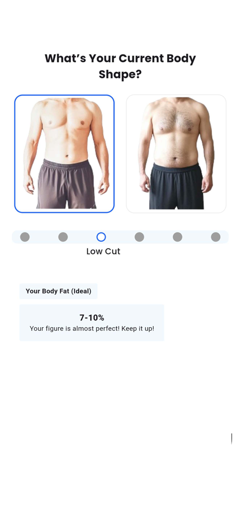 Home Workout: Tai Chi Exercise - Interfaz de aplicación móvil para seleccionar la forma corporal actual con retroalimentación sobre el porcentaje de grasa corporal