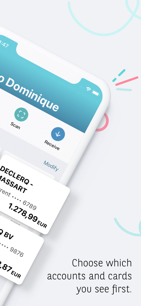 Interface de l'application Hello bank! Belgique affichant les soldes des comptes et les boutons de navigation.