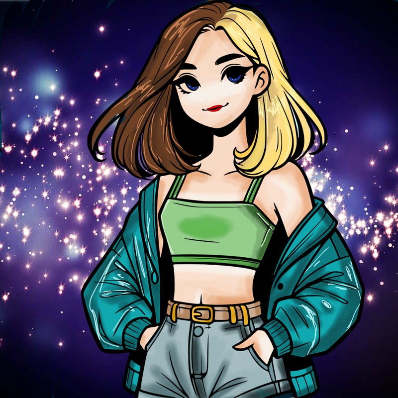 a realistic girl with a crop top and short shorts in an open jacket