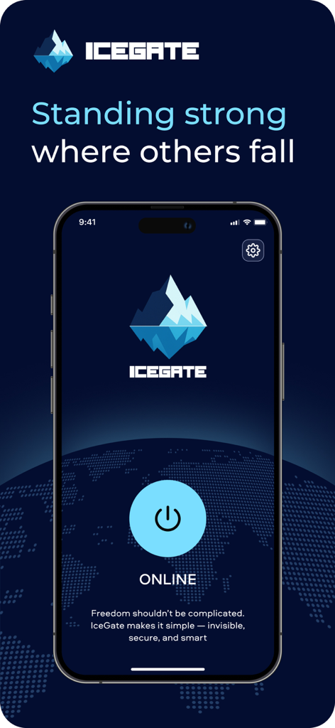 Icegate VPN: Private & Secure - Icegate VPN app home screen on a smartphone showing an active secure connection with a large power button and iceberg logo.