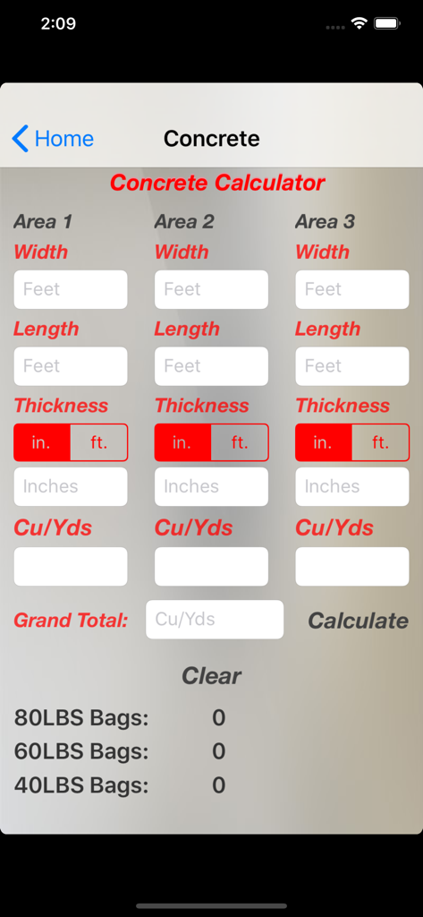 Interface for calculating concrete volume in cubic yards and number of bags needed for multiple areas