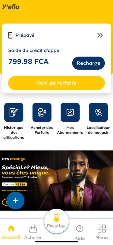 MyMTN BN - Pantalla de inicio de la aplicación MyMTN BN que muestra el saldo de tiempo de aire prepago y las opciones del menú.