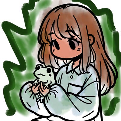girl with long hair and a oversized shirt. and she is holding a frog