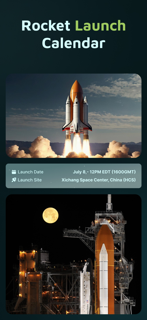 Calendario de lanzamientos de cohetes que muestra las próximas fechas de misiones y los sitios de lanzamiento