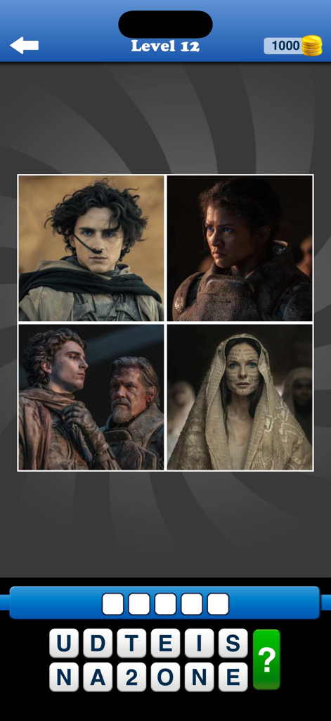 Guess the Movie: Film Pop Quiz - Captura de pantalla de la aplicación Adivina la Película que muestra un nivel de trivia para la película Dune con fotogramas de personajes.