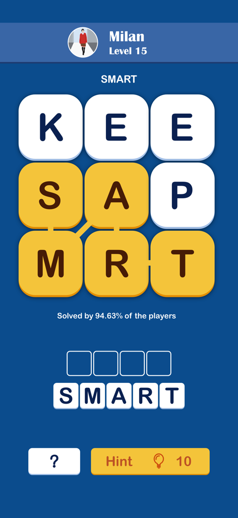 Gameplay screen of Wordful app showing a three by three grid of letters with the word SMART highlighted in yellow