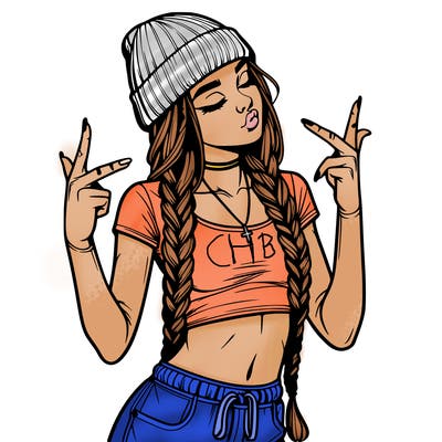 realistic teenage girl with braids and a beanie and crop top doing 🫶🏼