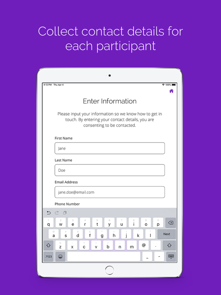 SHOEBOX QuickTest app contact information entry screen on an iPad