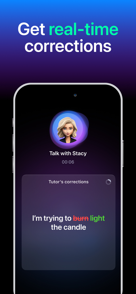 Fluently - AI English Tutor - スピーキングセッション中にリアルタイムで文法訂正を行うAIチューターを示すFluentlyアプリのインターフェース