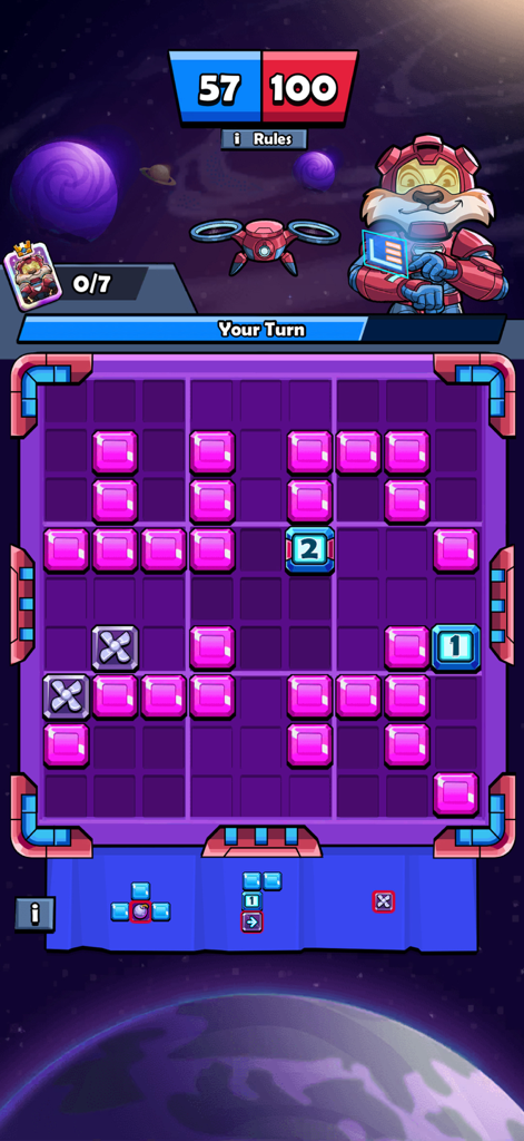 Batalla competitiva de puzles de bloques en tiempo real en Block Heads con un tablero de juego temático del espacio y un rastreador de puntuación.