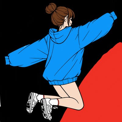 realistic girl jumping with a bun and oversized sweatshirt