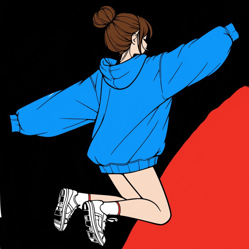 realistic girl jumping with a bun and oversized sweatshirt