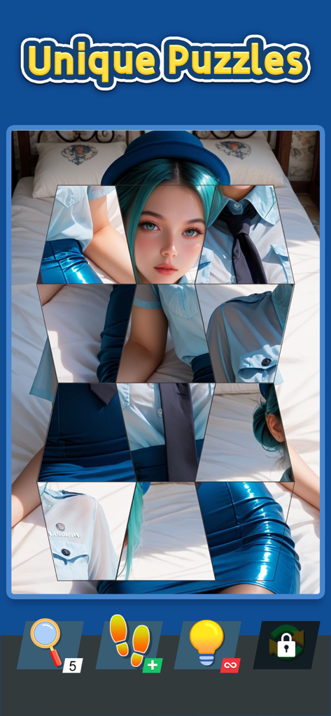 Mosaic Jigsort : Block Puzzle - Gameplay screen of Mosaic Jigsort showing a jumbled artistic portrait puzzle of a woman with teal hair and blue outfit