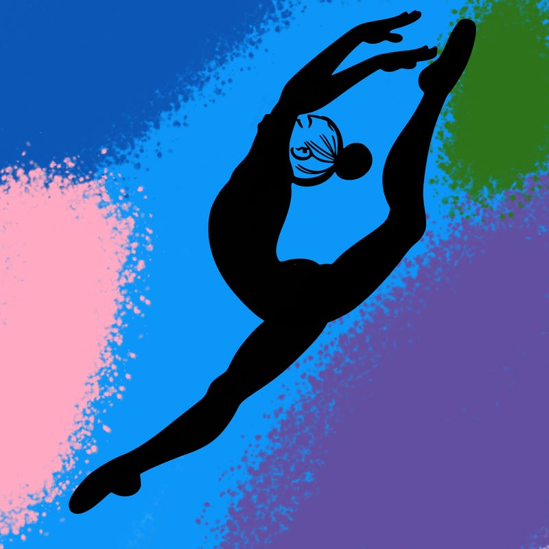 gymnast doing a leap in a leotard with a bent back leg
