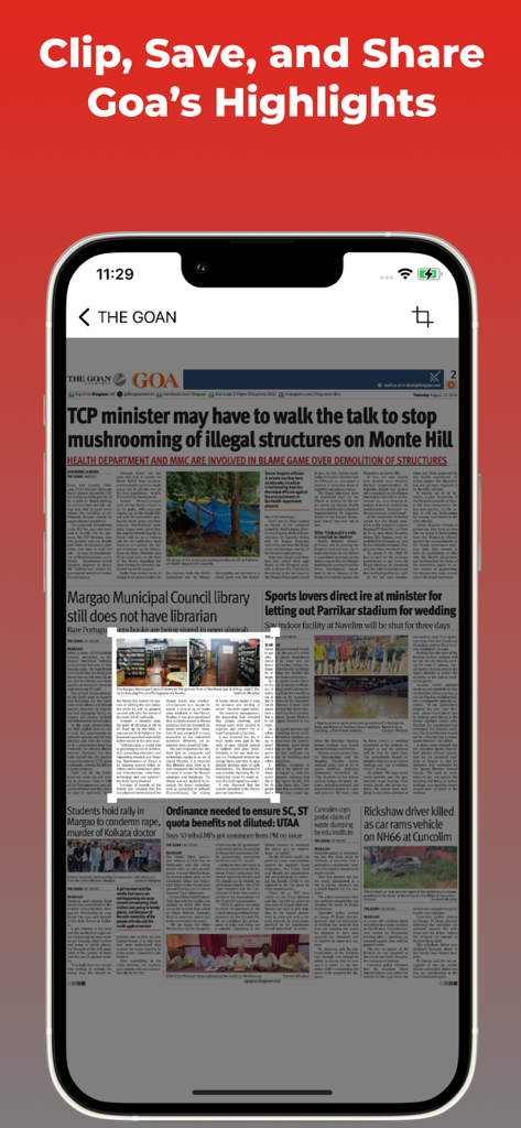 A smartphone screen displaying the Goan E-Paper app with a tool highlighting and clipping a news article for saving and sharing.