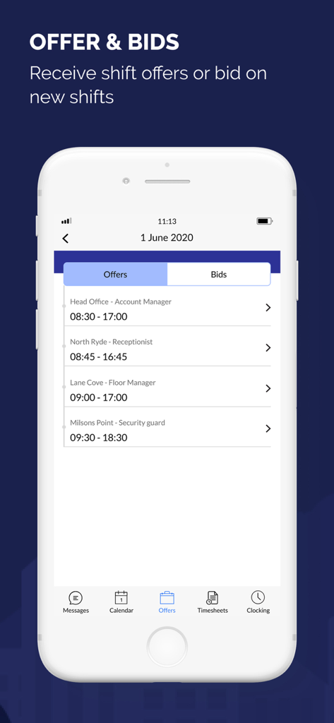 Humanforce (Legacy) - Smartphone screen showing shift offers and bidding options in the Humanforce app for hourly workers.