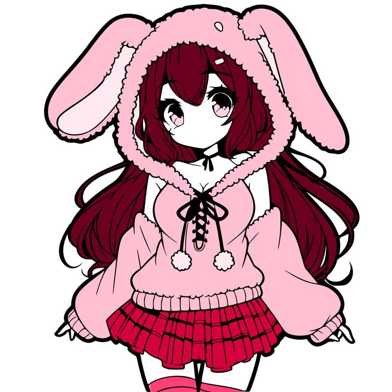 pretty anime girl wearing a fluffy hoodie with bunny ears on the hood and a skirt