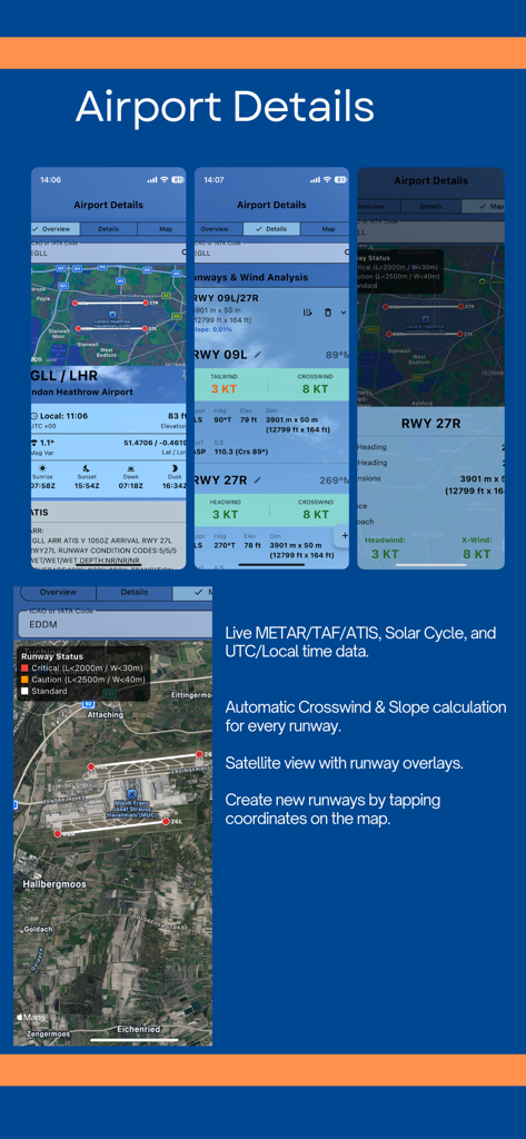 Capturas de pantalla de la aplicación PFSmarter que muestran detalles del aeropuerto, análisis del viento en pista y superposiciones de mapas satelitales