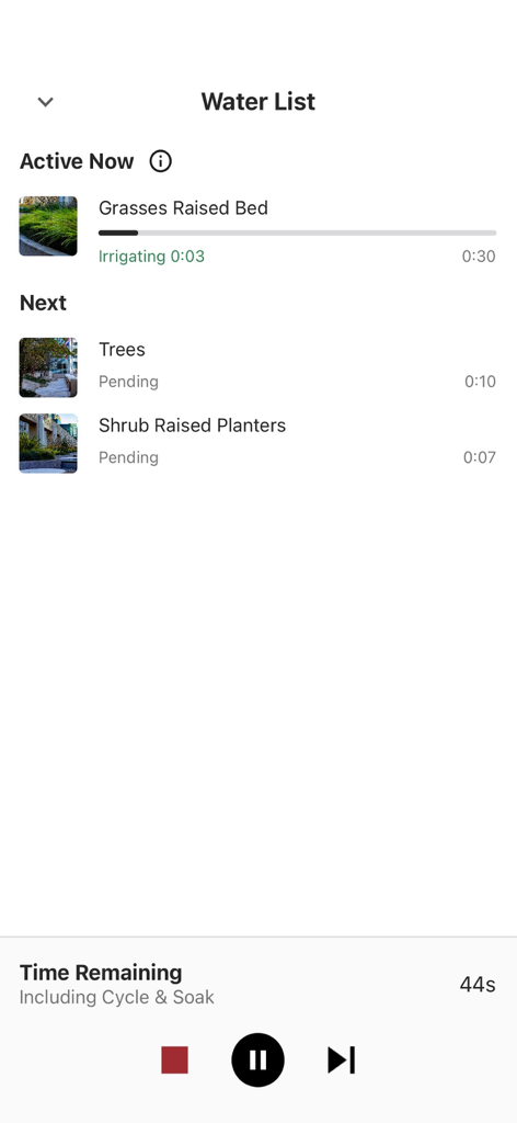 Rain Bird 2.0 app interface displaying a list of active and pending irrigation zones with time remaining