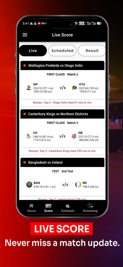 Sandbrix - Sandbrix mobile app live cricket score screen showing match updates