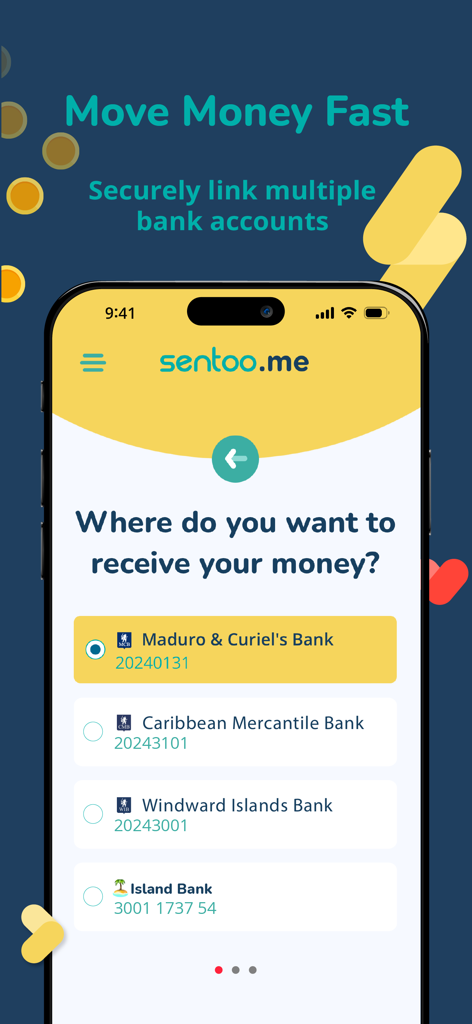 Sentoo.me - Schermata dell'app Sentoo.me che mostra l'opzione per collegare e selezionare in modo sicuro più conti bancari per ricevere denaro.