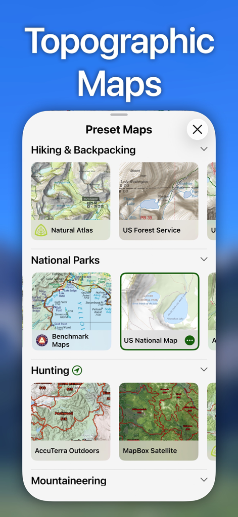 Topo Maps+ - A screenshot of the Topo Maps plus app showing preset map selections for hiking, national parks, and hunting.