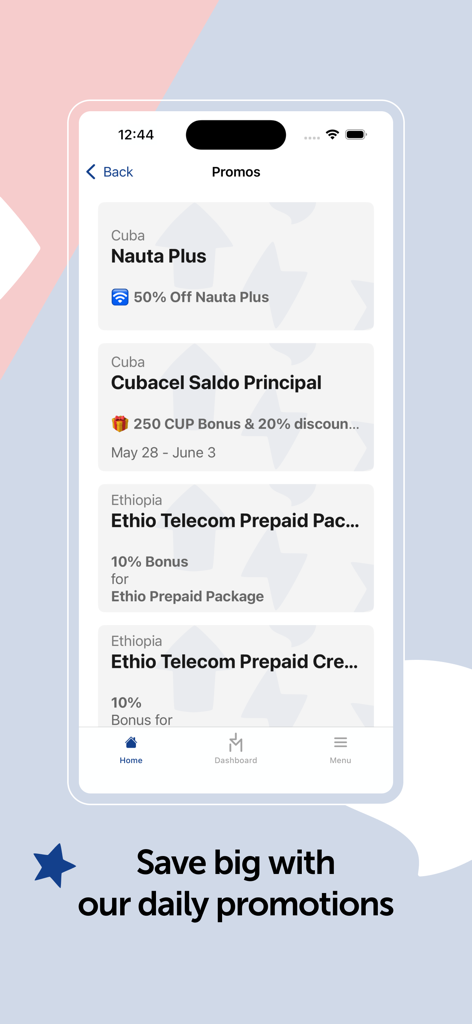 MobileRecharge: Top up mobiles - Pantalla de la aplicación MobileRecharge mostrando promociones diarias para operadores móviles internacionales como Cubacel y Ethio Telecom