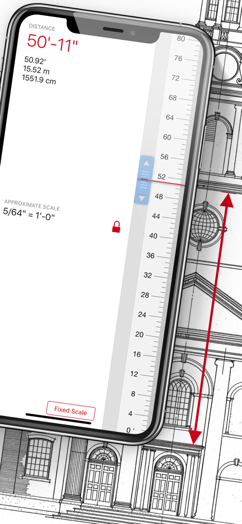Scala Architectural Scale - Scala Architectural Scale app measuring a printed blueprint on an iPhone