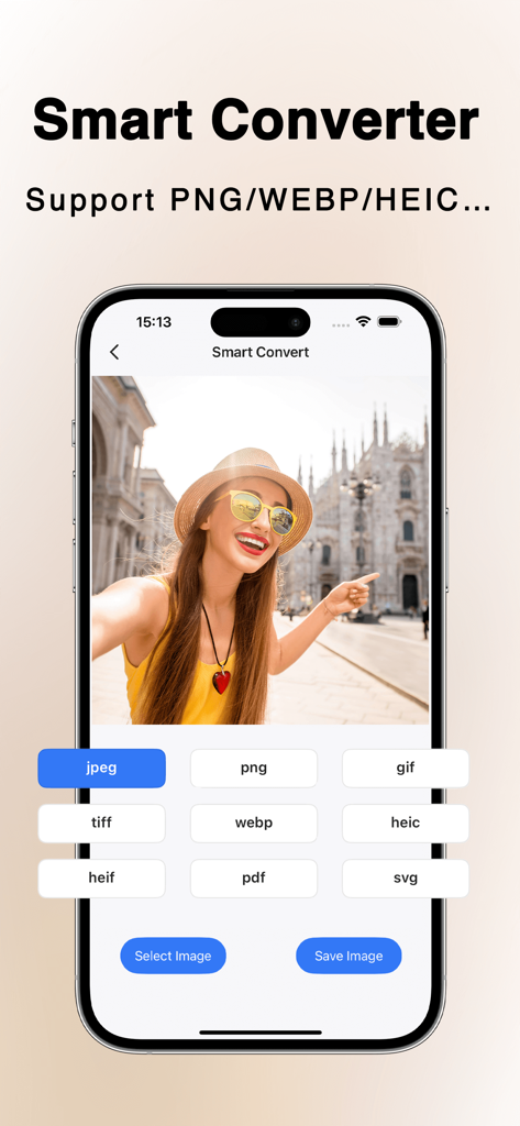 iLoveIMG App-Oberfläche, die den intelligenten Konverter mit Optionen zur Konvertierung von Bildern in JPEG, PNG, GIF und HEIC-Formate zeigt