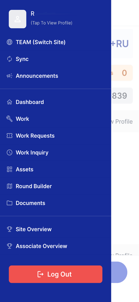 Transcendent Work Management - The sidebar navigation menu of the Transcendent Work Management mobile application showing options like Dashboard Work and Assets