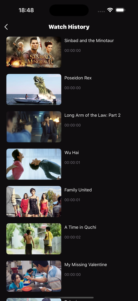 LΟKLΟK: Asian Dramas & Anime - Screenshot of the Watch History section in the LOKLOK app showing movie thumbnails and titles.