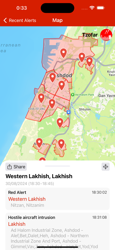 Tzofar app map screen showing real time red alert zones and emergency notifications in Israel