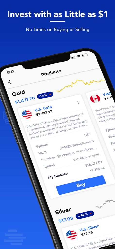 OneGold mobile app showing gold and silver prices with investment options