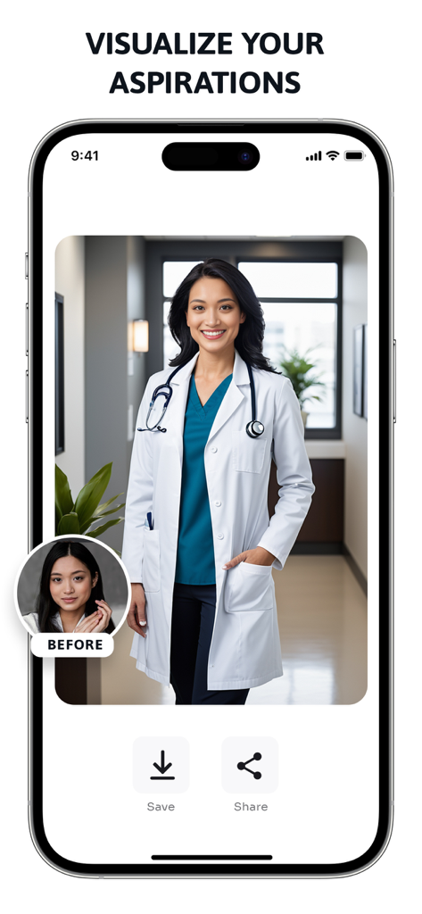 Wavesome.AI Video Generator - Wavesome AI app screen showing a woman transformed from a selfie into a professional doctor with the headline Visualize Your Aspirations