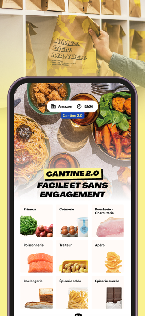 Frichti : Plats maison & apéro - Interface de l'application Frichti montrant les catégories de courses et la livraison de repas au bureau.