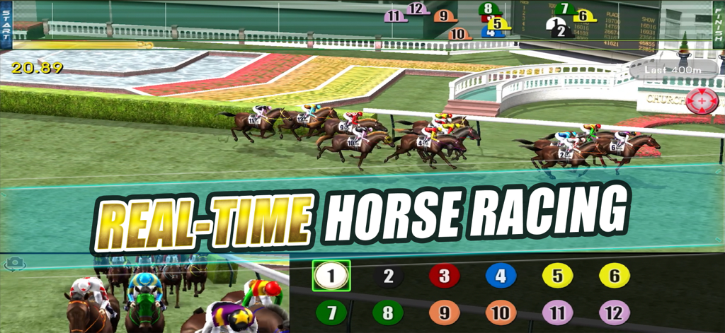 Captura de pantalla del juego que muestra caballos compitiendo en una carrera en tiempo real en iHorse Arcade.