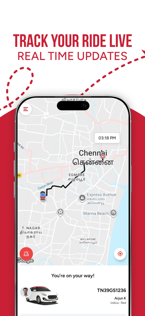 Red Taxi mobile app interface showing a real-time ride tracking map in Chennai with driver details and vehicle information.
