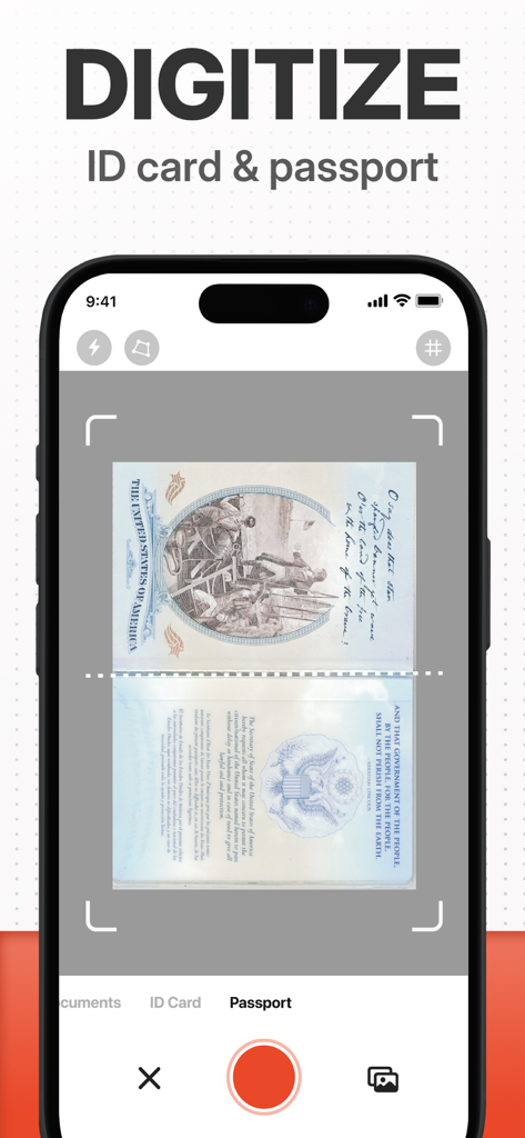 Scan Ace 앱 인터페이스가 스마트폰에서 미국 여권을 디지털화합니다.