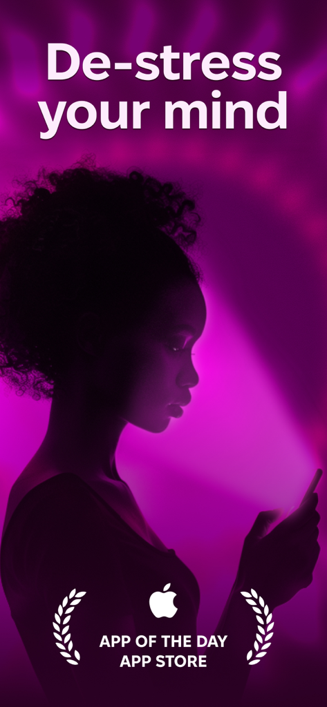 Mesmerize - Visual Meditation - A woman using the Mesmerize app on her phone with a purple glow and the text de-stress your mind