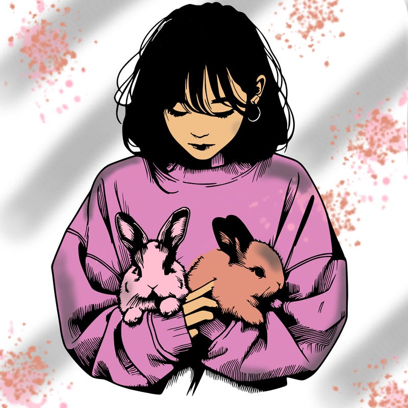 realistic girl with messy bunny baggy sweatshirt and holding bunnies