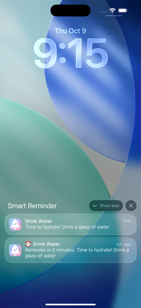 Smart Reminder hydration notifications on an iPhone lock screen
