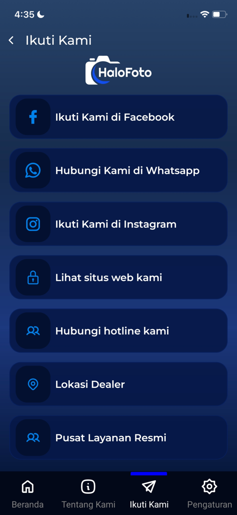 Halofoto App - Halofoto app contact and social media screen featuring links to Facebook, WhatsApp, Instagram, and service center locations.
