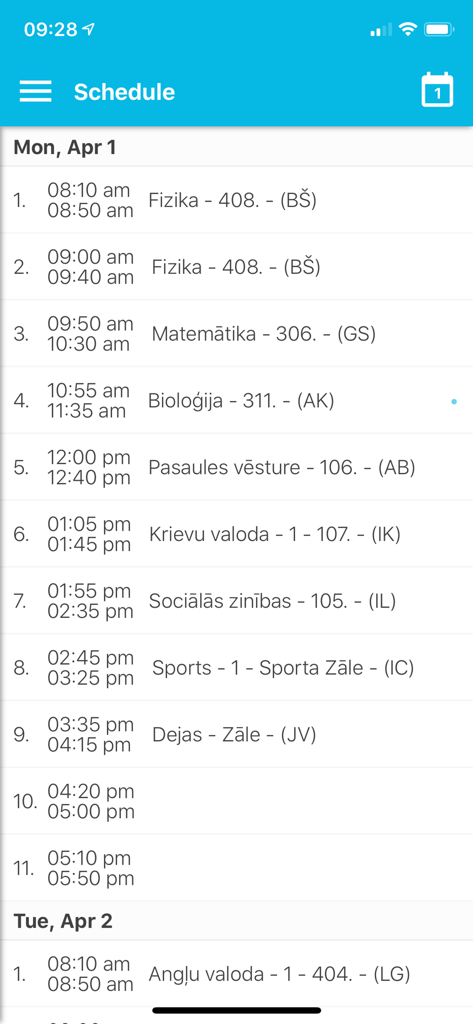 A mobile interface of the Mykoob app displaying a student's daily class schedule with time slots and school subjects