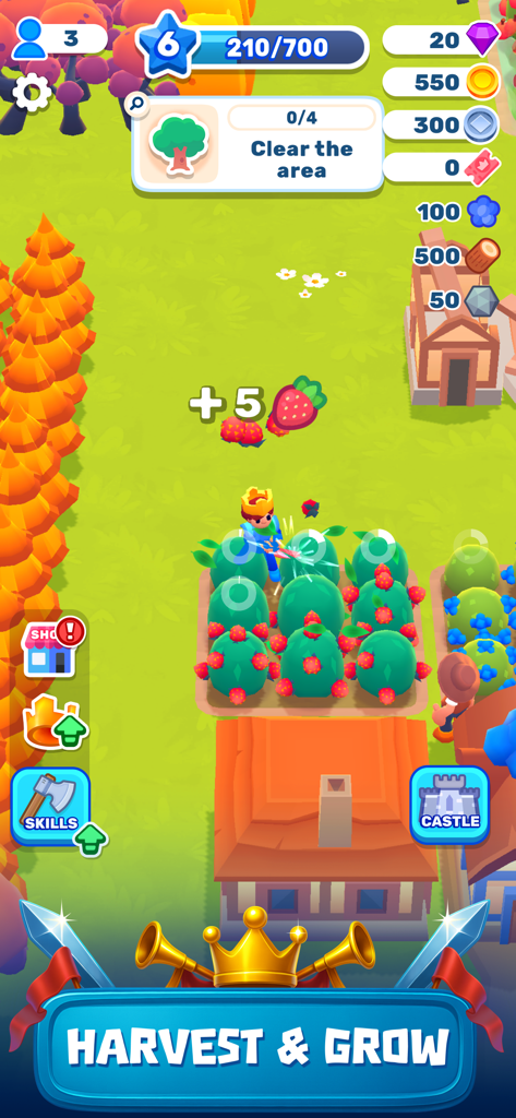 Gameplay screenshot of a king harvesting strawberries to grow his kingdom in Royal Lands