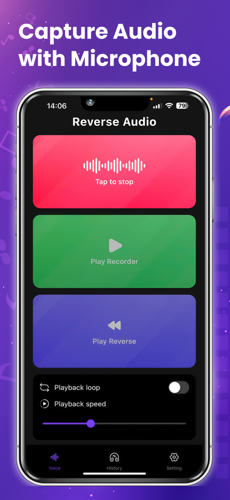 AI Reverse Audio - Benutzeroberfläche der AI Reverse Audio App mit Aufnahmesteuerungen und Wiedergabesteuerungen.