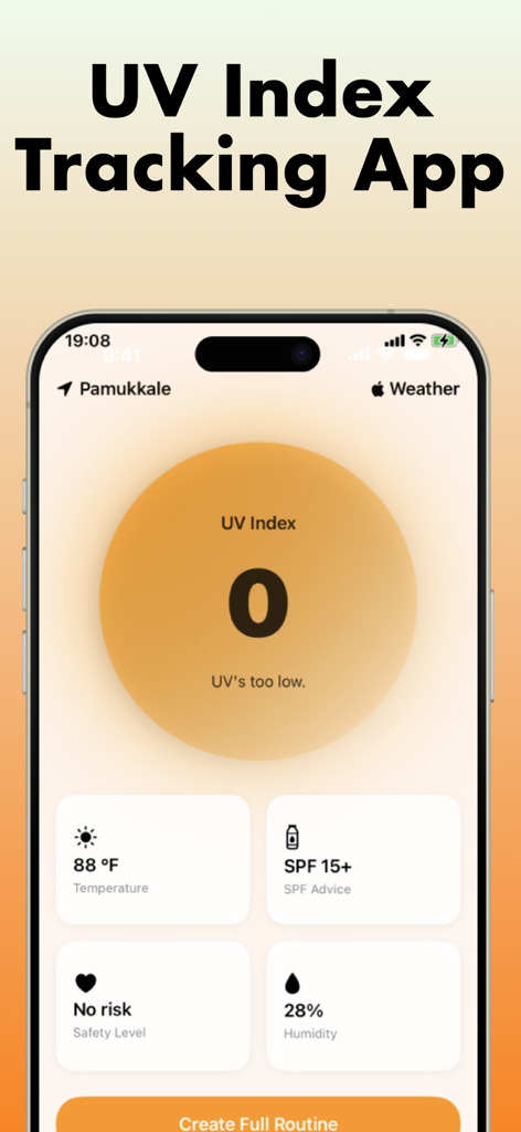 SPF AI: Sunglow & Tanning - Interface of the SPF AI app displaying a UV index of 0 with temperature and sun safety advice