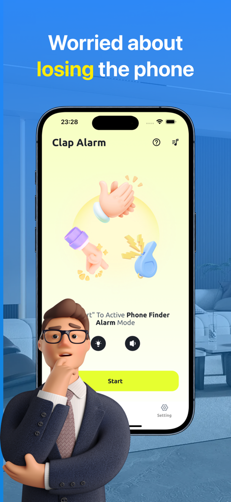 Clap Finder app interface showing the Clap Alarm mode with icons for clapping whistling and snapping fingers and a large Start button